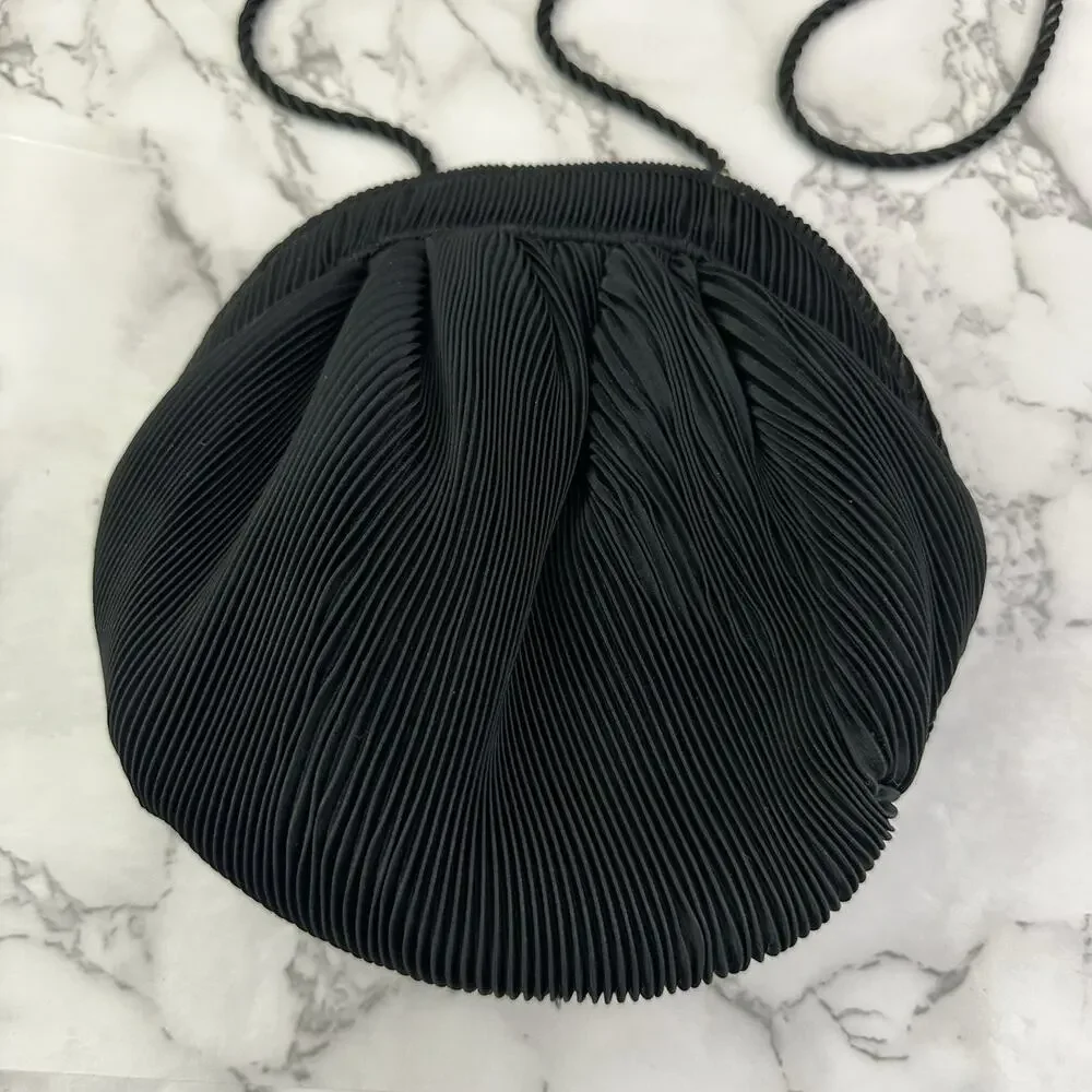 Vanessa Vintage 90s Evening Bag Clutch Purse Black Pleated Small Cord Strap